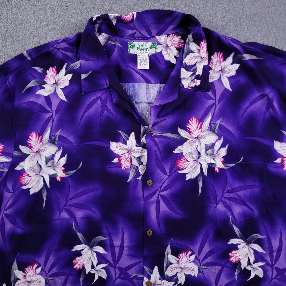 Vintage Two Palms Shirt Mens 3XL Purple Floral Hawaiian Aloha Camp USA Made